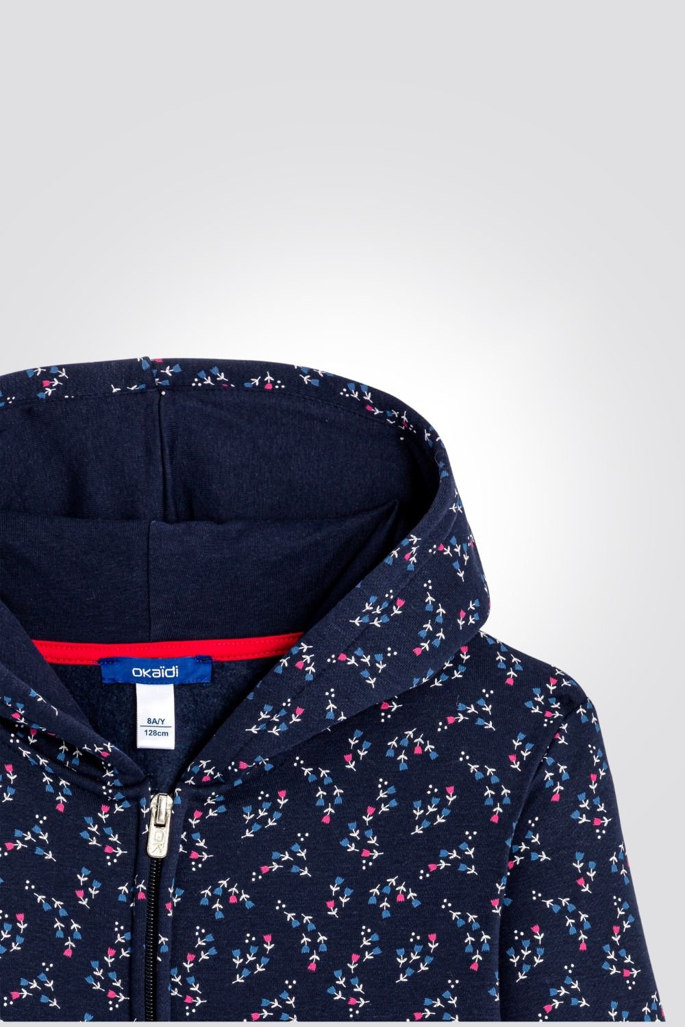 OKAIDI - סווטשירט ילדות עם רוכסן וקאפושון הדפס פרחים צבעוניים על כחול - MASHBIR//365