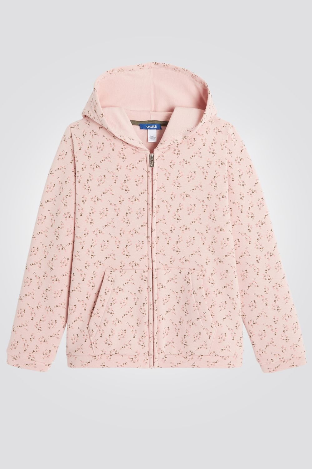 OKAIDI - סווטשירט ילדות עם רוכסן וקאפושון הדפס פרחים צבעוניים על ורוד בהיר - MASHBIR//365