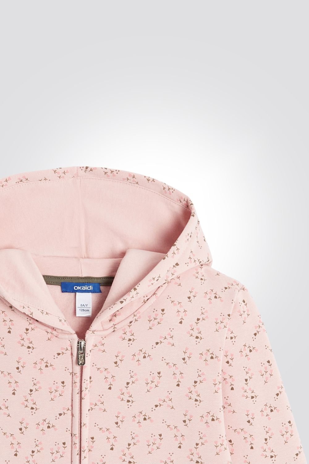 OKAIDI - סווטשירט ילדות עם רוכסן וקאפושון הדפס פרחים צבעוניים על ורוד בהיר - MASHBIR//365