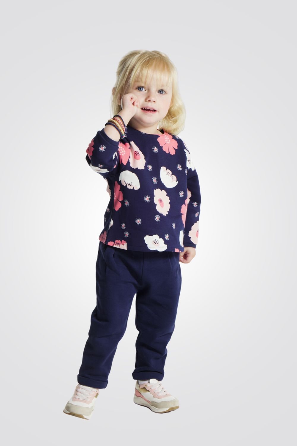 OBAIBI - סווטשירט תינוקות הדפס פרחים גדולים בורוד ולבן על כחול - MASHBIR//365