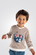 OBAIBI - סווטשירט תינוקות עם פסים חום לבן והדפס קדימה - MASHBIR//365