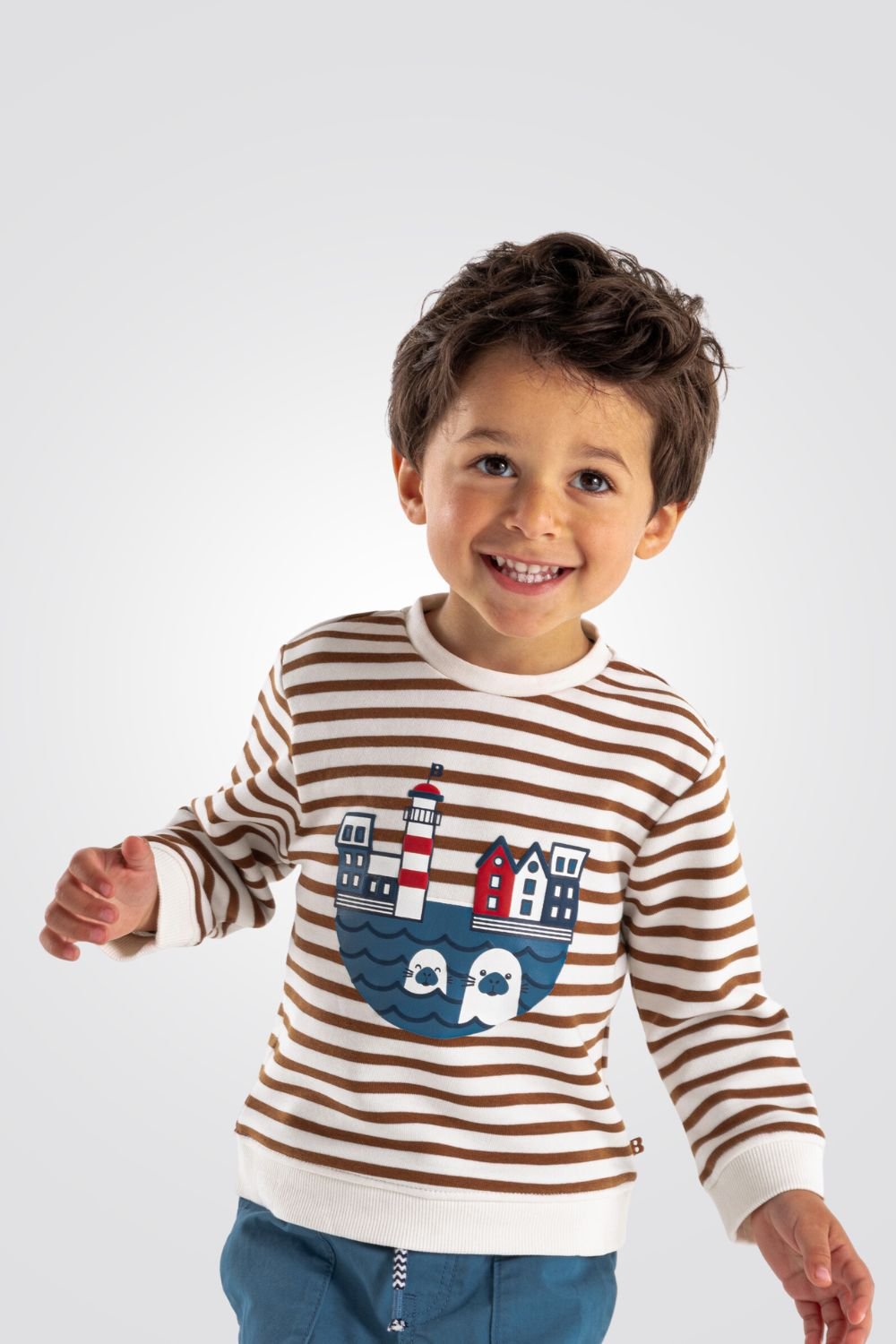 OBAIBI - סווטשירט תינוקות עם פסים חום לבן והדפס קדימה - MASHBIR//365