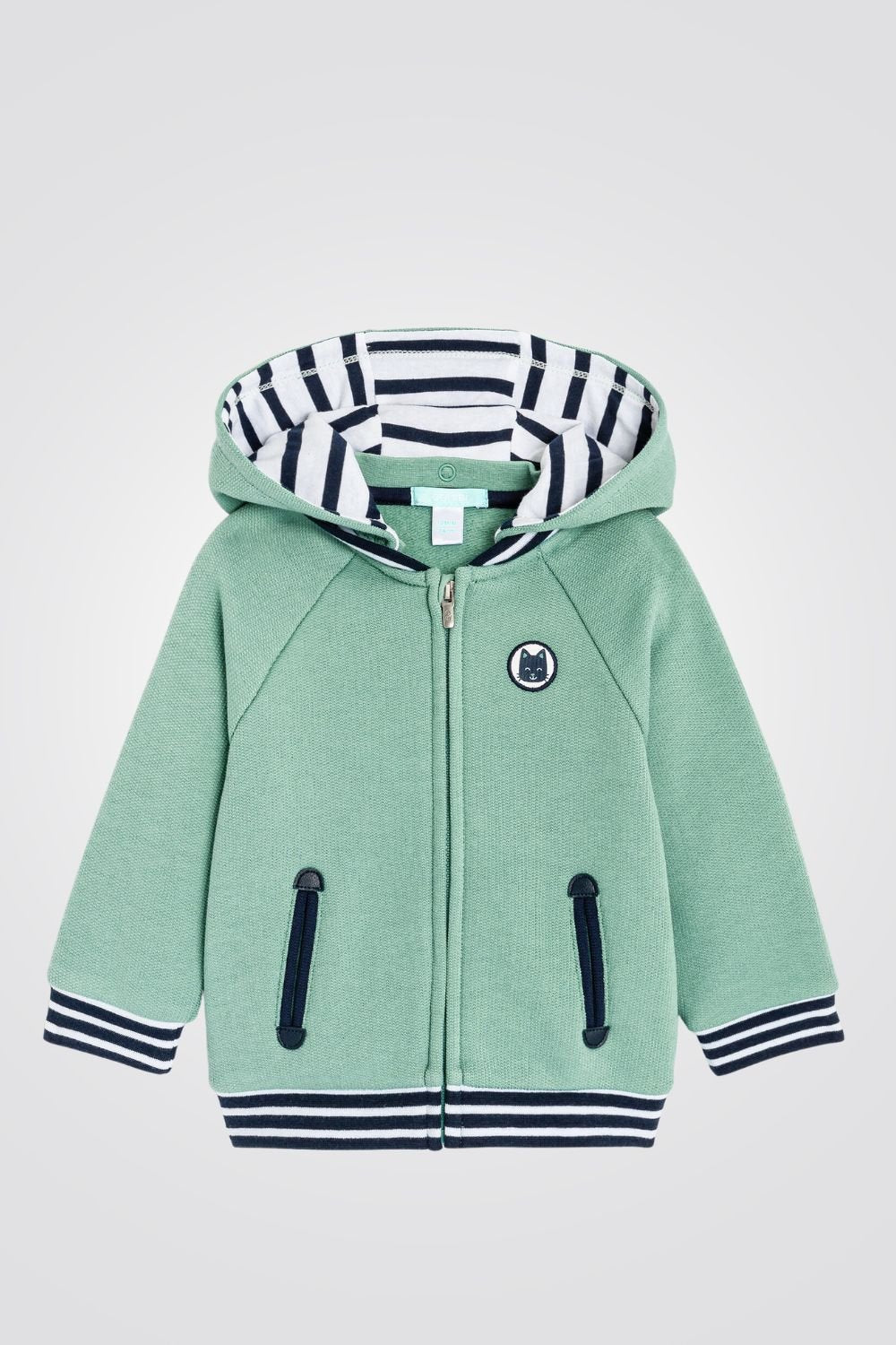 OBAIBI - סווטשירט תינוקות עם רוכסן קאפושון פסים כחול לבן,עם רוכסן ירוק בהיר - MASHBIR//365
