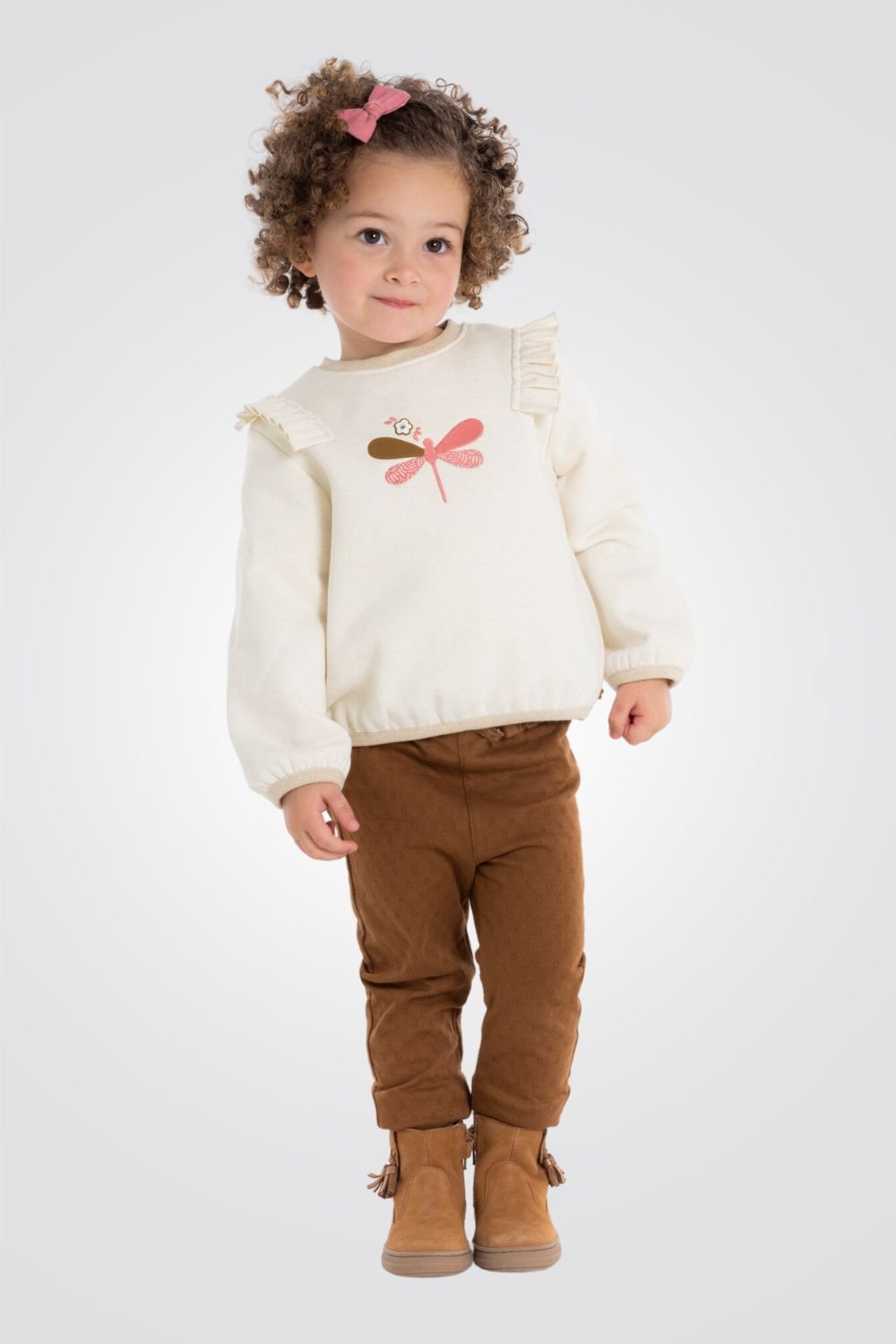 OBAIBI - סווטשירט תינוקות עם וולן בכתפים ריקמת פרפר ורוד בשמנת - MASHBIR//365