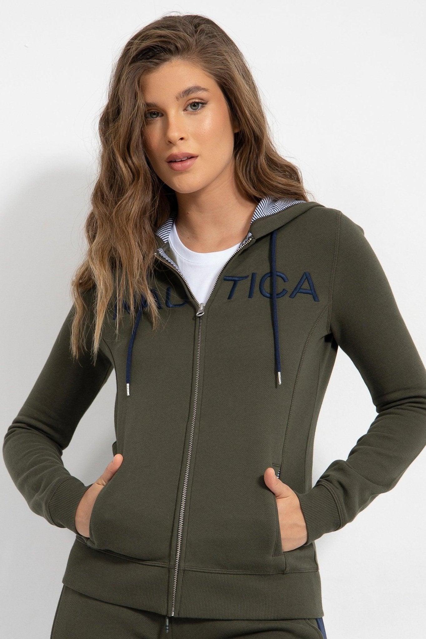 NAUTICA - סווטשירט ZIP ורקמת לוגו ירוק זית - MASHBIR//365