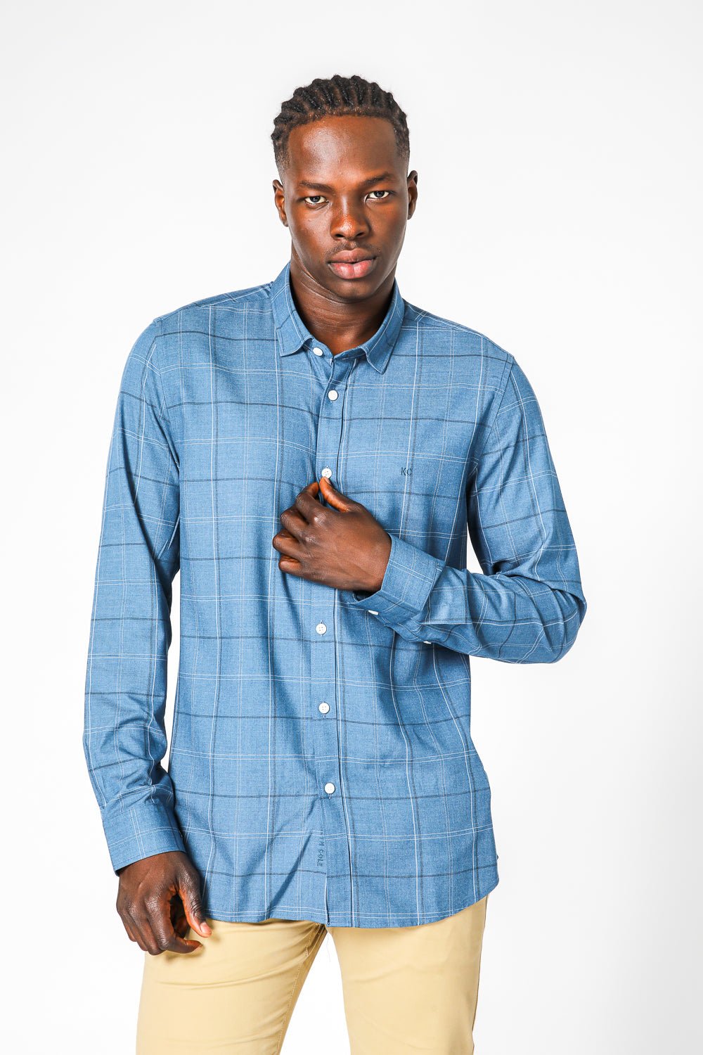 KENNETH COLE - TEAL חולצת במבוק לייקרה משובצת - MASHBIR//365