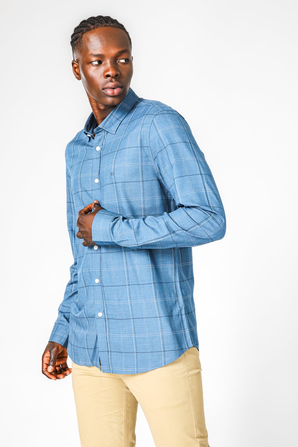 KENNETH COLE - TEAL חולצת במבוק לייקרה משובצת - MASHBIR//365