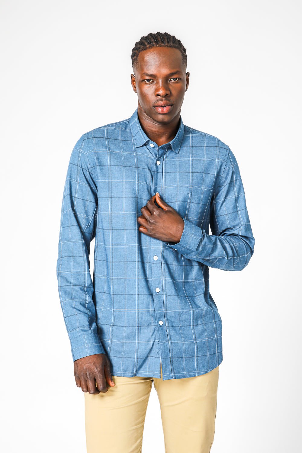 KENNETH COLE - TEAL חולצת במבוק לייקרה משובצת - MASHBIR//365