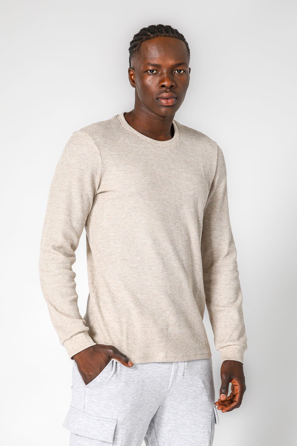 DELTA - חולצה ארוכה דקה מבד וופל בצבע בז' - MASHBIR//365