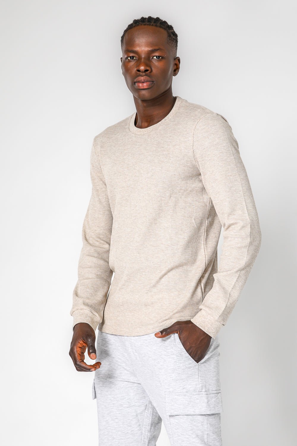 DELTA - חולצה ארוכה דקה מבד וופל בצבע בז' - MASHBIR//365