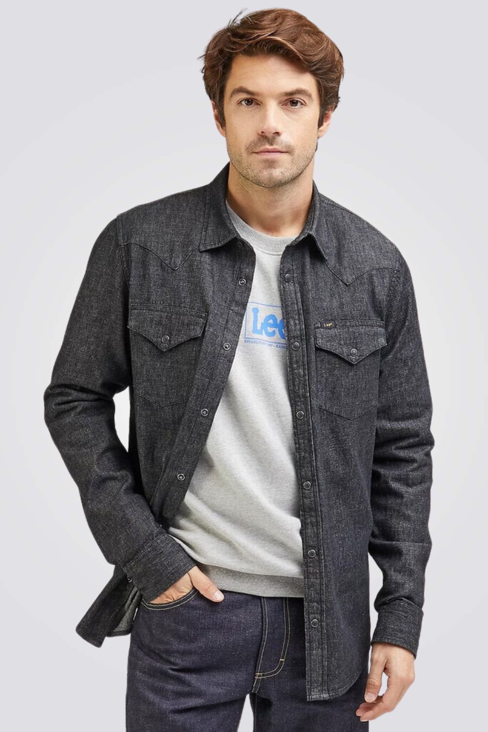 LEE - חולצה ג'ינס מכופתרת לגברים REGULAR WESTERN בצבע שחור פחם - MASHBIR//365