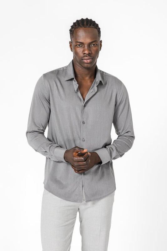 KENNETH COLE - חולצה מכופתרת במבוק ליקרה בצבע אפור כהה - MASHBIR//365