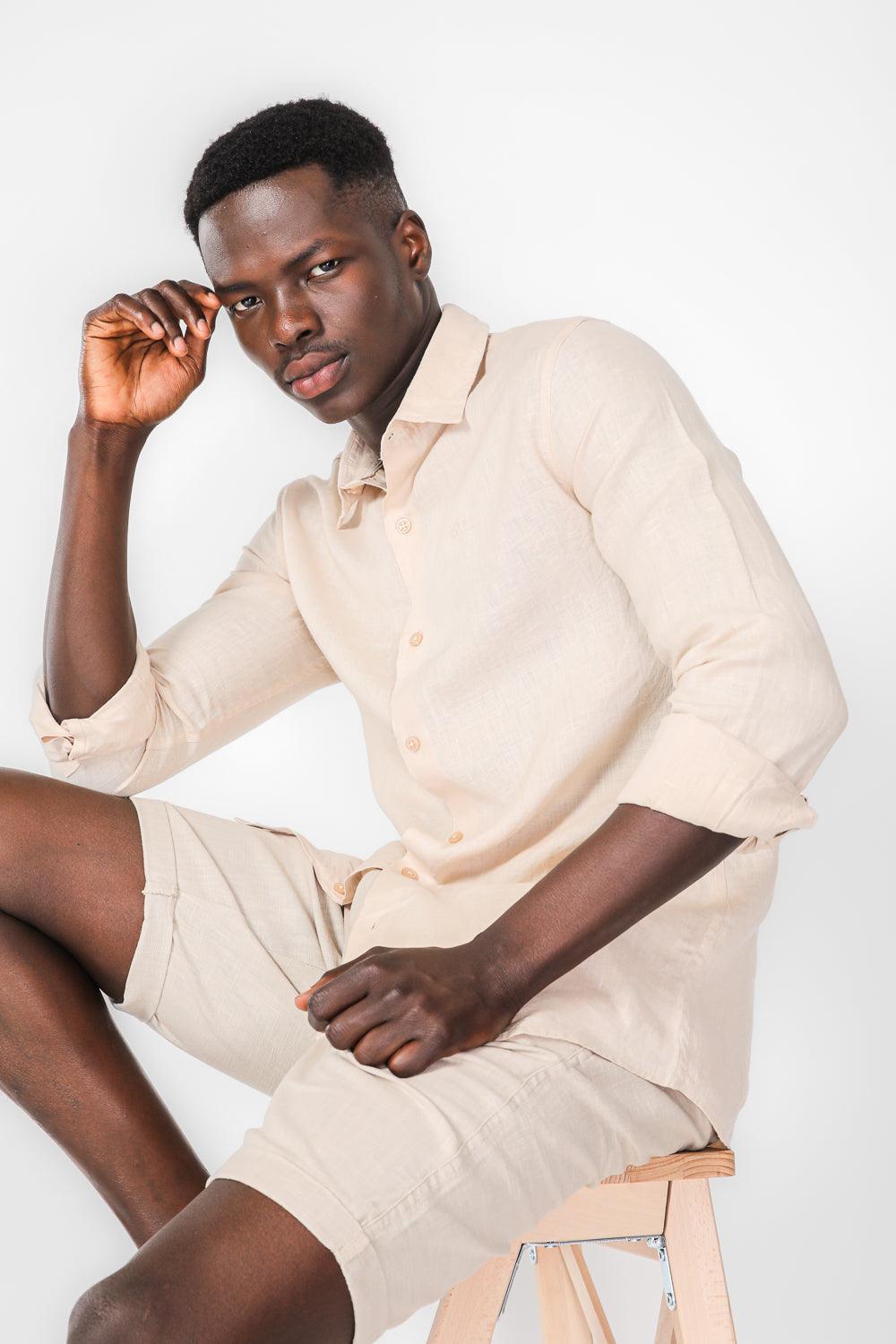 KENNETH COLE - חולצה מכופתרת פשתן בצבע STONE - MASHBIR//365