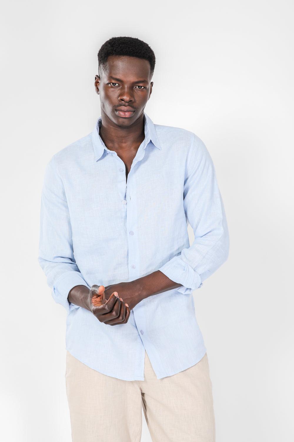 KENNETH COLE - חולצה מכופתרת פשתן בצבע תכלת - MASHBIR//365