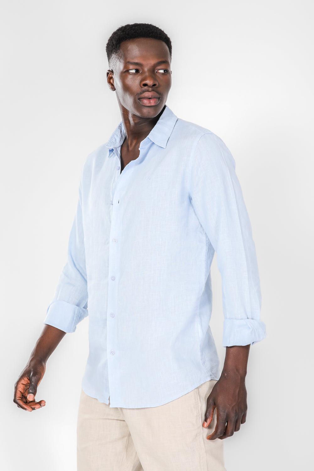 KENNETH COLE - חולצה מכופתרת פשתן בצבע תכלת - MASHBIR//365