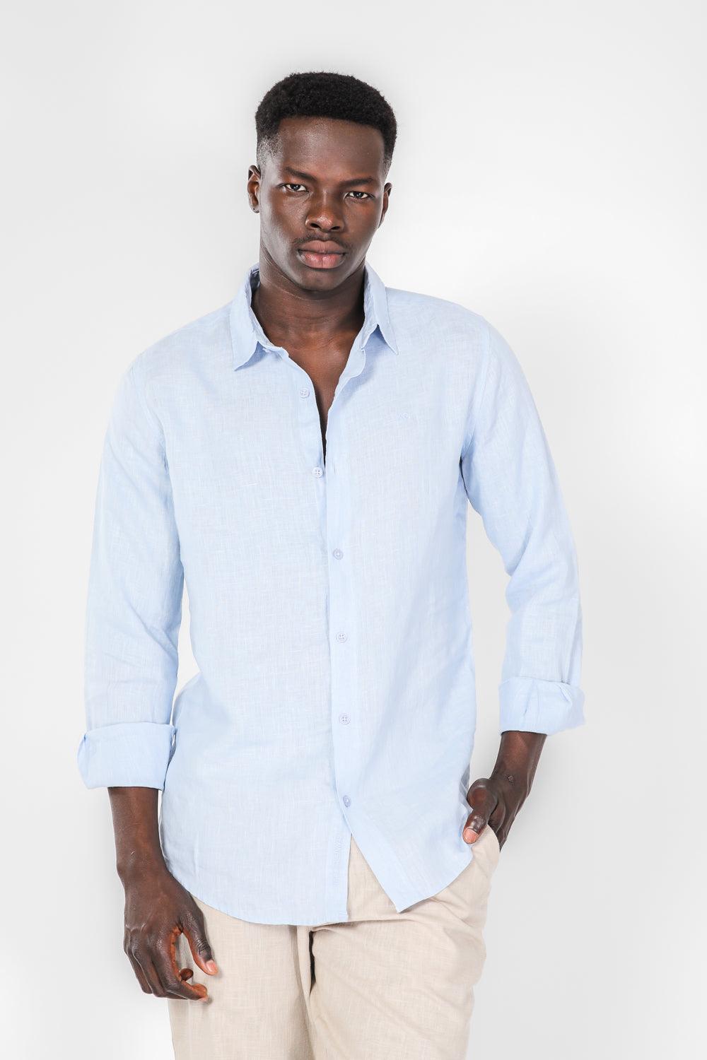 KENNETH COLE - חולצה מכופתרת פשתן בצבע תכלת - MASHBIR//365