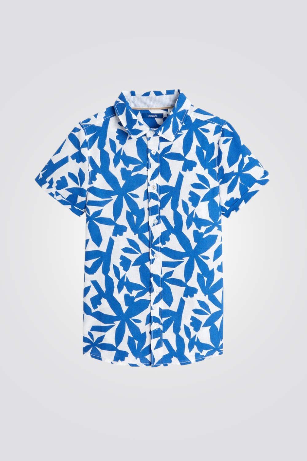 OKAIDI - חולצה מכופתרת קצרה לילדים בהדפס כחול לבן - MASHBIR//365