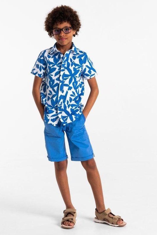 OKAIDI - חולצה מכופתרת קצרה לילדים בהדפס כחול לבן - MASHBIR//365