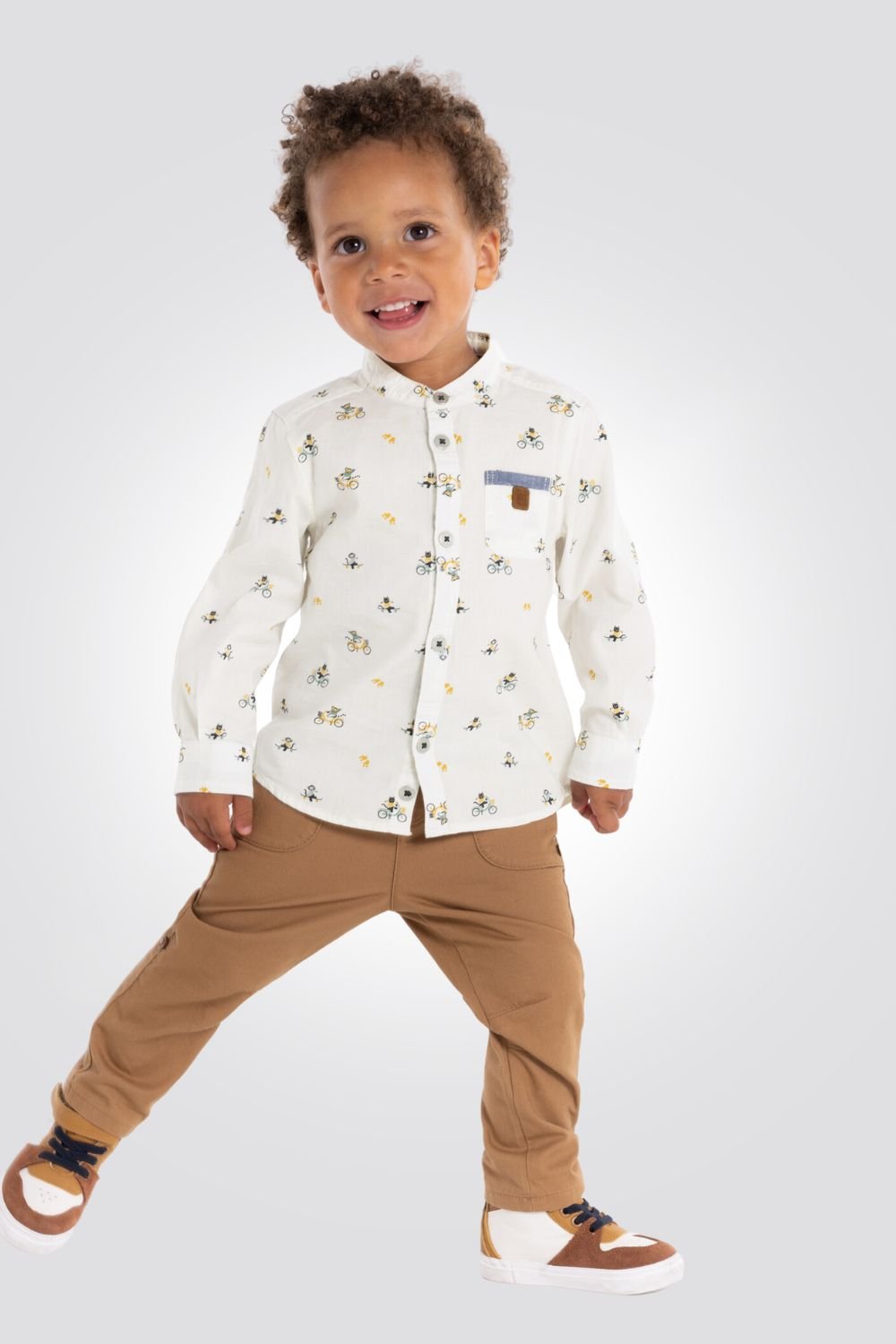 OBAIBI - חולצה מכופתרת שרוול ארוך בצבע שמנת עם הדפס אופניים ודובי - MASHBIR//365