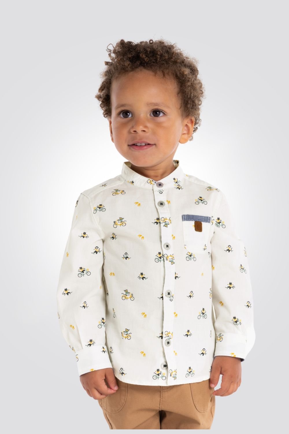 OBAIBI - חולצה מכופתרת שרוול ארוך בצבע שמנת עם הדפס אופניים ודובי - MASHBIR//365