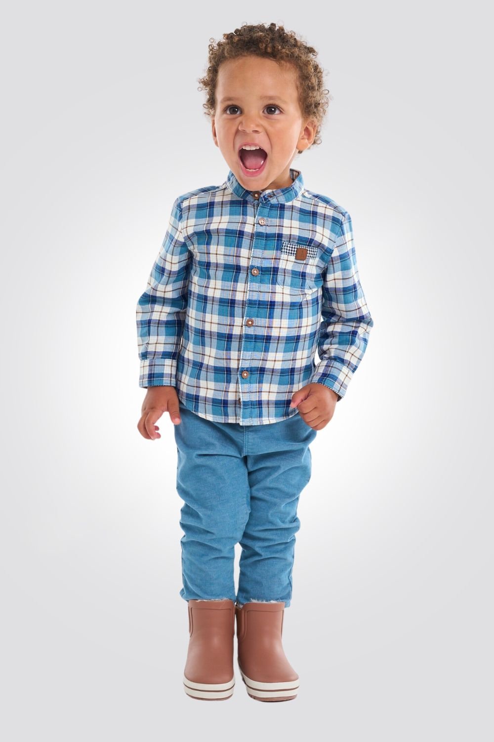 OBAIBI - חולצה מכופתרת שרוול ארוך משבצות כחול תכלת לבן - MASHBIR//365