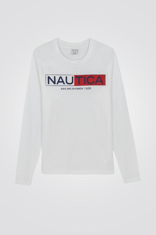 NAUTICA - חולצה שרוול ארוך לוגו נאוטיקה לבנה לנערים - MASHBIR//365