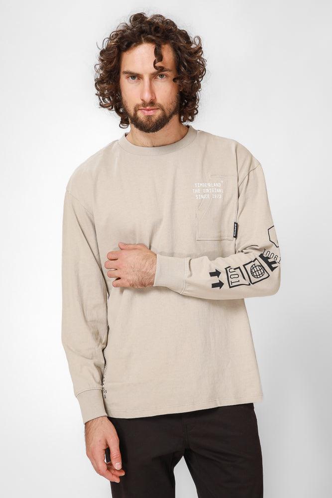 TIMBERLAND - חולצת לוגו שרוול ארוך בצבע בז' - MASHBIR//365