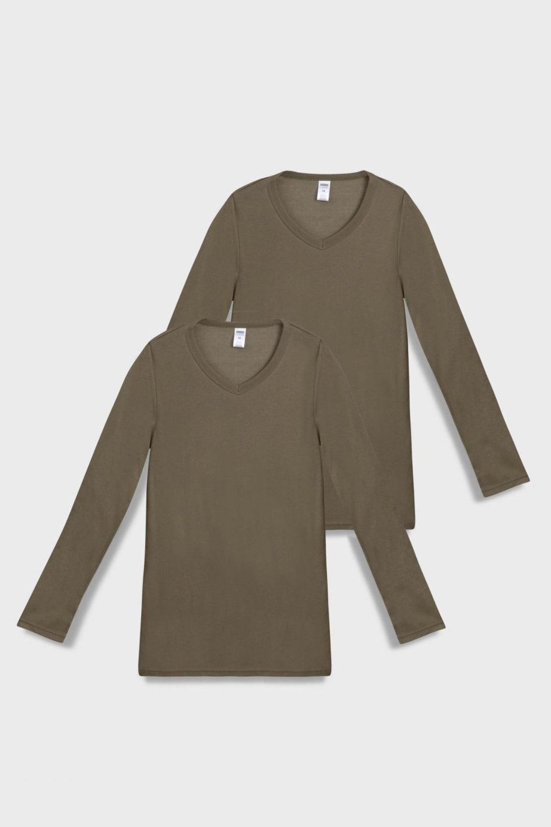 DELTA - זוג חולצות פלנל צווארון וי בצבע זית - MASHBIR//365