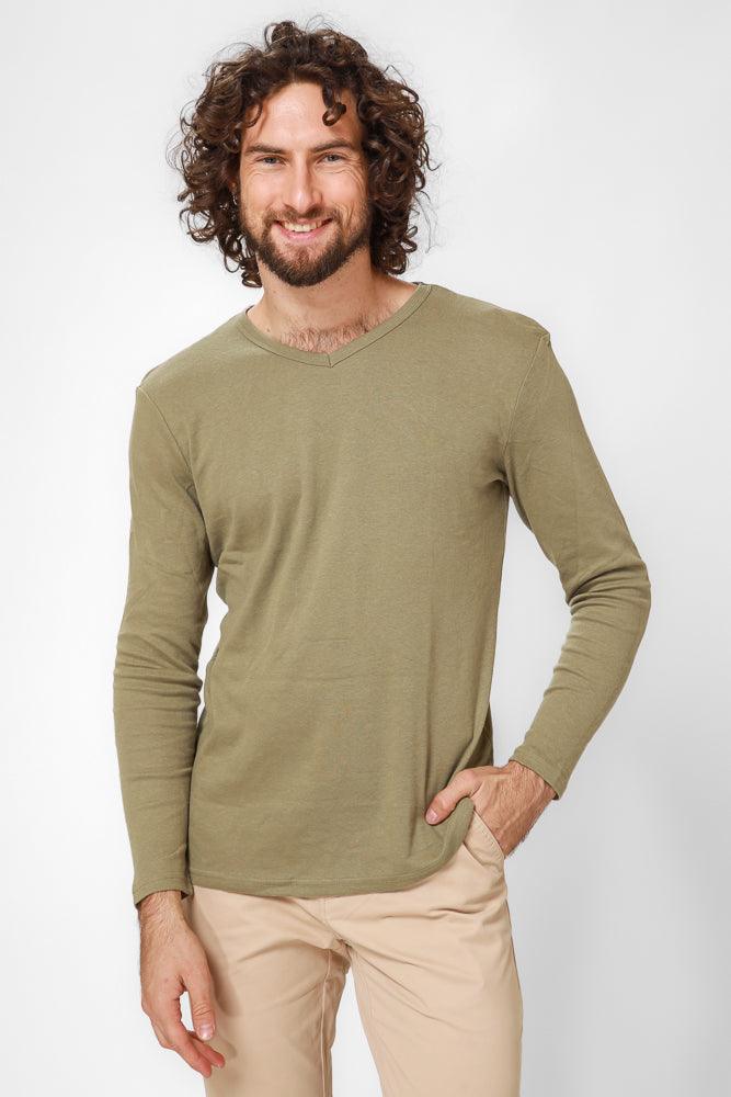 DELTA - זוג חולצות פלנל צווארון וי בצבע זית - MASHBIR//365